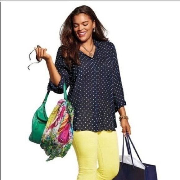 CAbi 5019 Navy, Green & White Martini Blouse - Picture 1 of 9